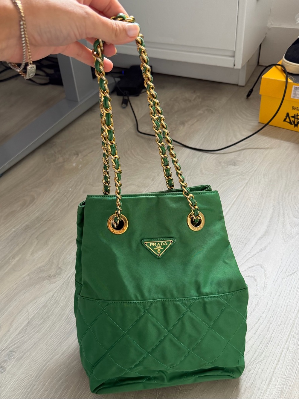 Prada Green Nylon Quilted Shoulder Bag with Gold Chain